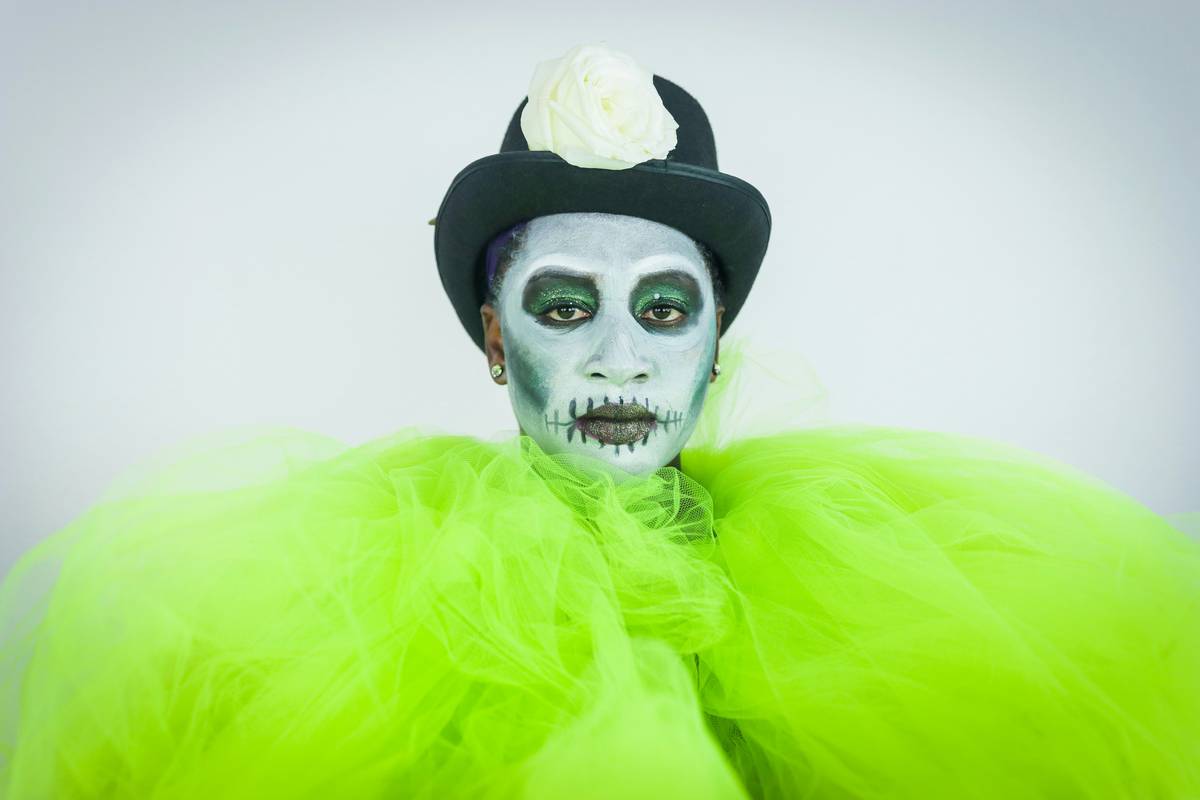 Professional applying halloween glam face paint with alcohol-activated palette